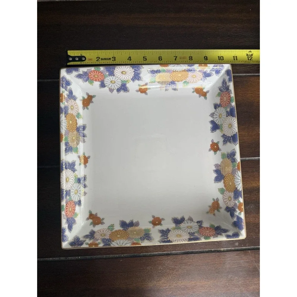 VTG Japanese Imari Style Square Porcelain Plate Floral Chrysanthemum Gold Rim